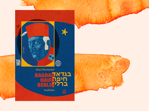 Buchcover von "Bagdad Haifa Berlin" vor orangefarbenem Aquarellhintergrund.