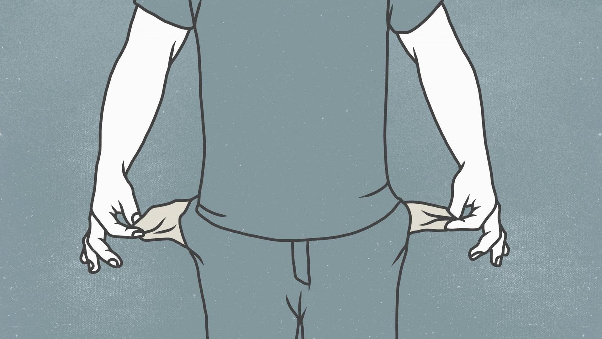 Illustration eines Mannes der seine Hosentaschen leer nach außen zieht. Illustration eines Mannes der seine Hosentaschen leer nach außen zieht.