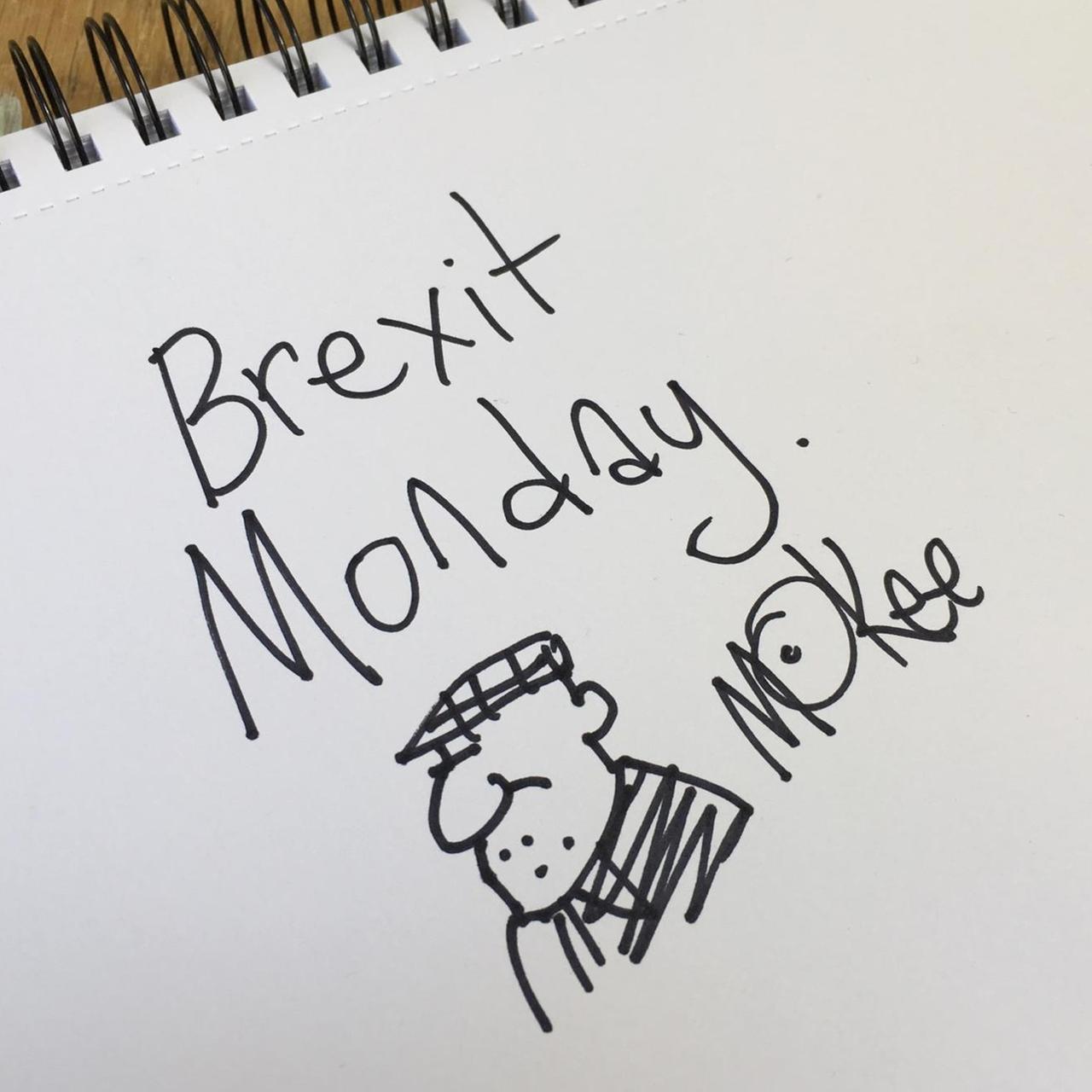 Cartoon-Zeichner Pete McKee hat der Corso-Serie "Brexit Monday" ein Bild gewidmet: Es zeit den Serientitel und einen Mann mit Schiebermütze