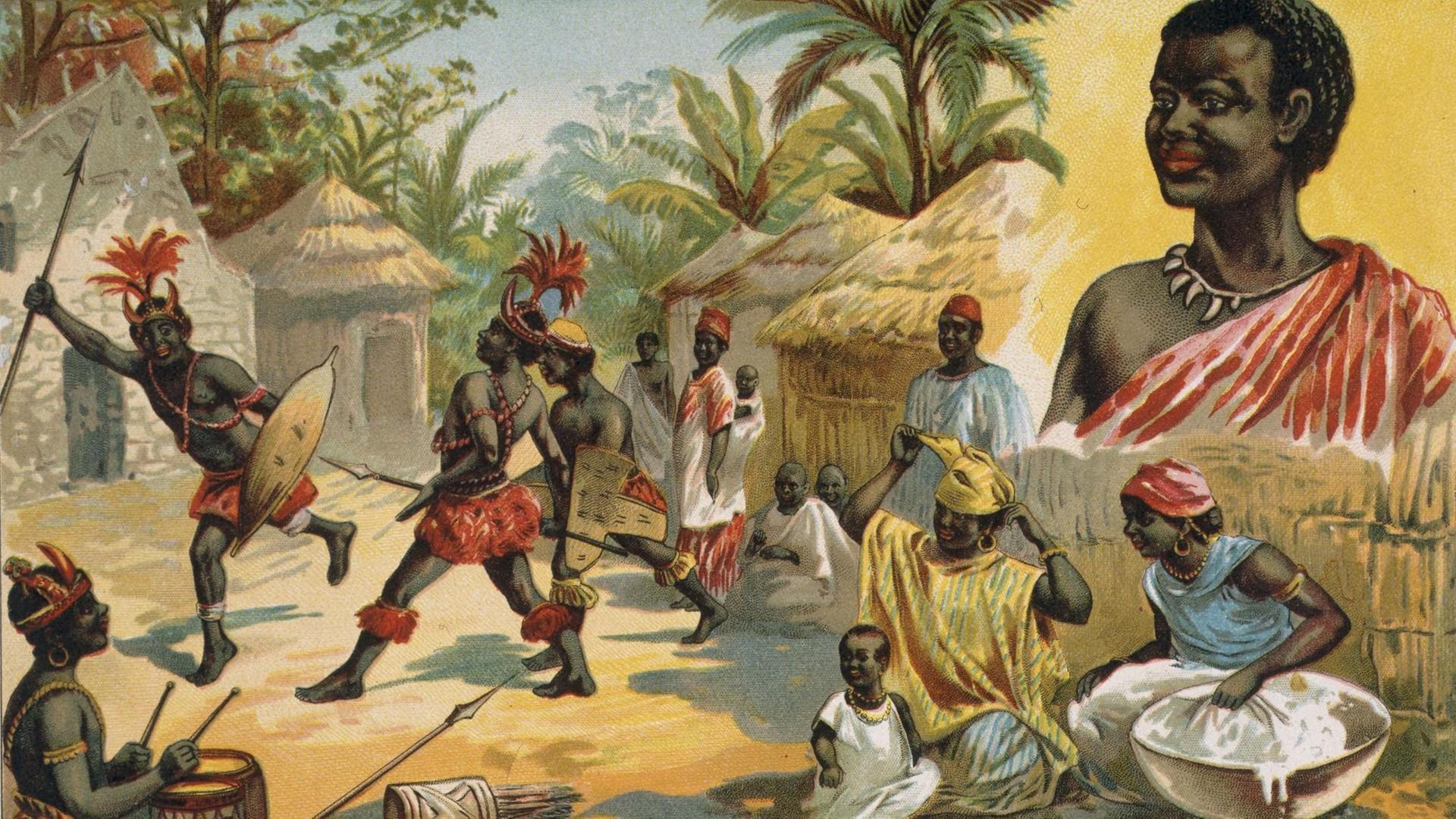 Farblithographie von der Vorstellung eines afrikanischen Stammes