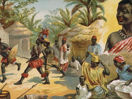 Farblithographie von der Vorstellung eines afrikanischen Stammes