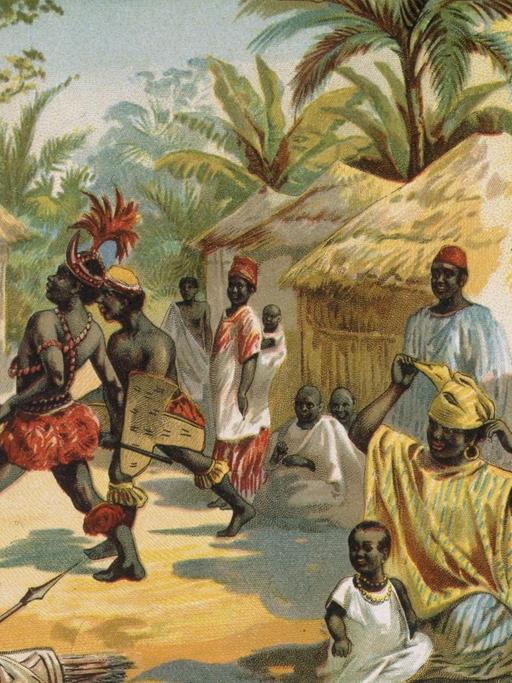 Farblithographie von der Vorstellung eines afrikanischen Stammes