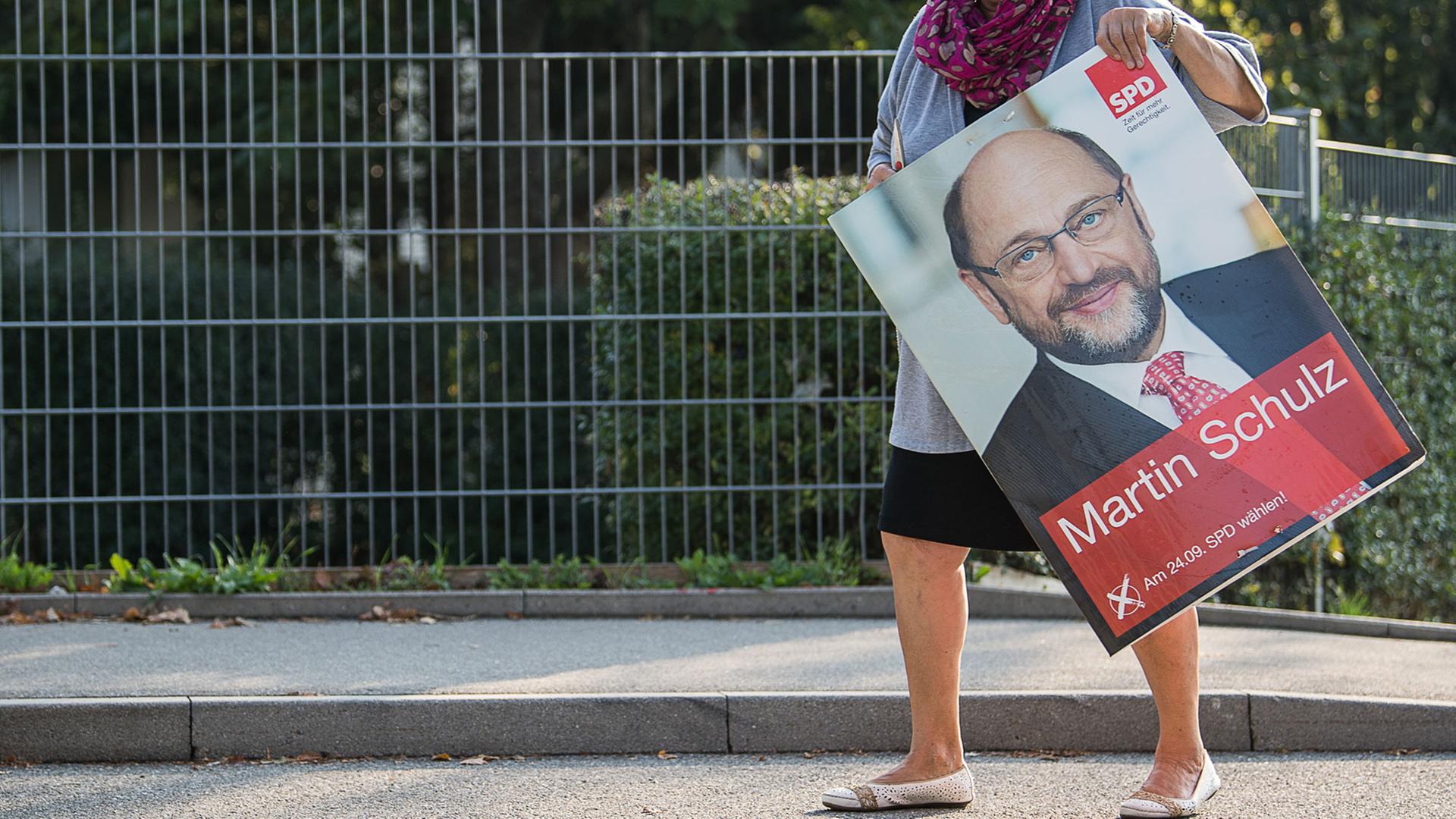 Eine Frau trägt am am 25.09.2017 in Stuttgart (Baden-Württemberg) nach der Bundestagswahl ein abgehängtes SPD-Wahlplakat mit Spitzenkandidat Schulz zu ihrem Auto. Eine Frau trägt am am 25.09.2017 in Stuttgart (Baden-Württemberg) nach der Bundestagswahl ein abgehängtes SPD-Wahlplakat mit Spitzenkandidat Schulz zu ihrem Auto.