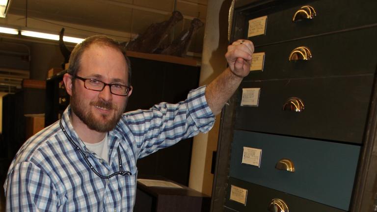 Sammlungskurator Nick Pyenson steht im Archiv des National Museum of Natural History in Washington vor einer aufgezogenen Schublade mit Kotsteinen. In der Hand hält er ein Foto eines Hölenbärenskelettes, möglicherweise dem Verursacher der Kotsteine.
