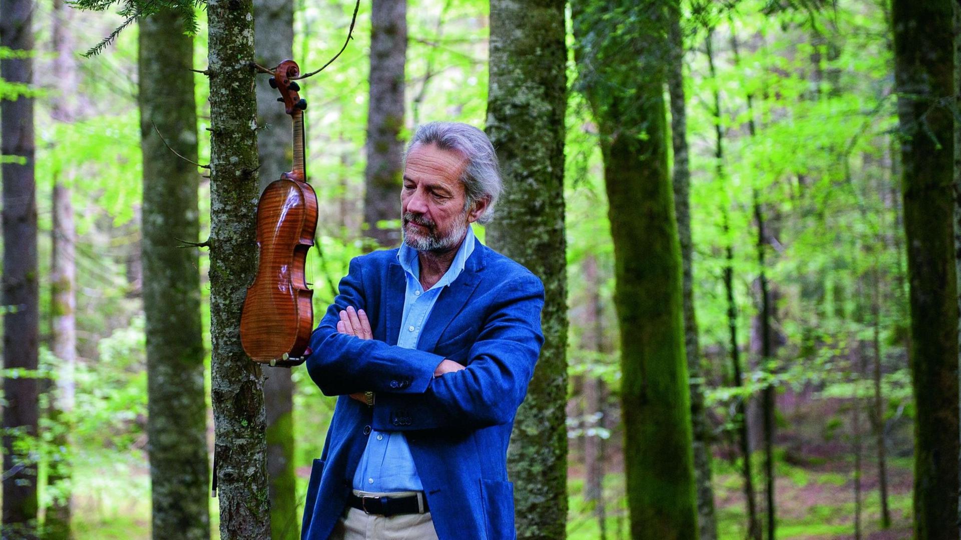 Der Geiger Giuliano Carmignola im Wald seine Geige betrachtend, die an einem Ast hängt Der Geiger Giuliano Carmignola im Wald seine Geige betrachtend, die an einem Ast hängt