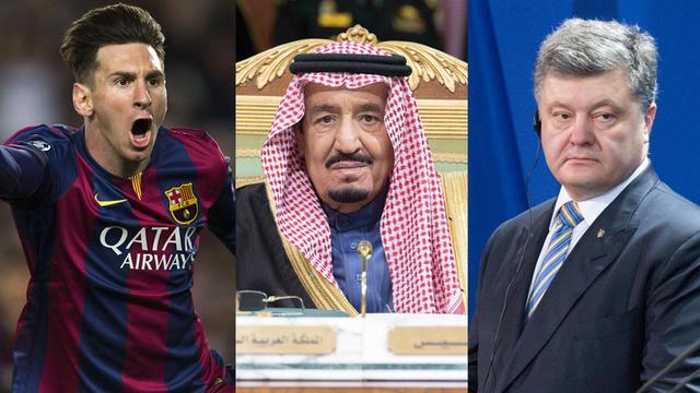 Der Fußballer Lionel Messi, der saudische König Salman und rer ukrainische Präsident Petro Poroschenko,