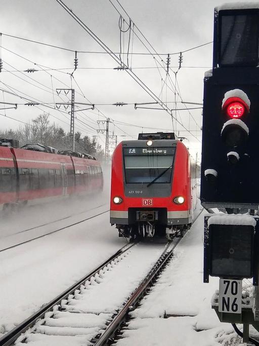 Eine S-Bahn bei München im Schnee.