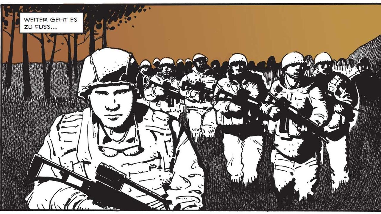 Ausschnitt aus dem Comic "Kriegszeiten - Eine grafische Reportage über Soldaten, Politiker und Opfer in Afghanistan" von David Schraven, Vincent Burmeister Ausschnitt aus dem Comic "Kriegszeiten - Eine grafische Reportage über Soldaten, Politiker und Opfer in Afghanistan" von David Schraven, Vincent Burmeister