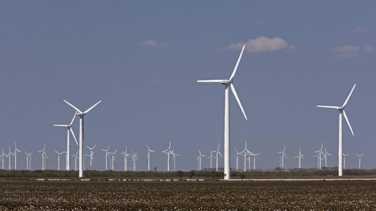 Windräder in einem Baumwollfeld in Colorado City, Texas, USA. Windräder in einem Baumwollfeld in Colorado City, Texas, USA.