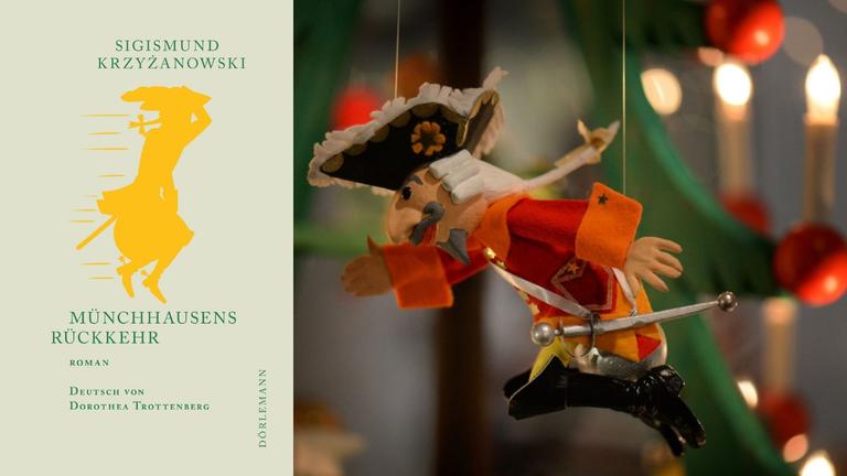 Buchcover Sigismund Krzyzanowski: „Münchhausens Rückkehr“ und eine Münchhausen Weihnachtsfigur Buchcover Sigismund Krzyzanowski: „Münchhausens Rückkehr“ und eine Münchhausen Weihnachtsfigur