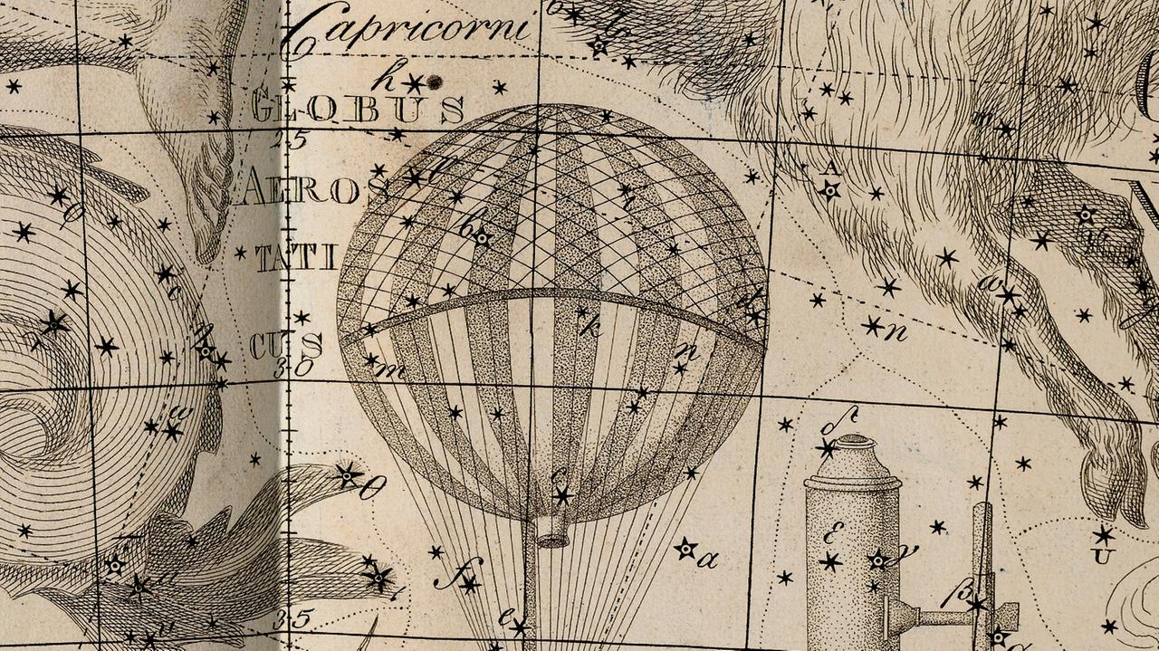 Historische Darstellung des Heißluftballons Globus Aerostaticus