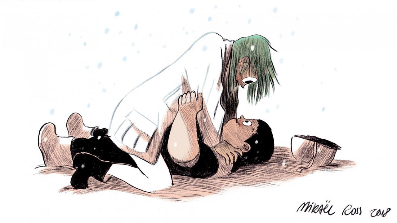 Comiczeichnung: Eine Person mit dunklem Haar liegt auf dem Boden. Über ihr kniet eine Person mit langen grünen Haaren und einer Art Kittel, die die andere Person herunterdrückt.