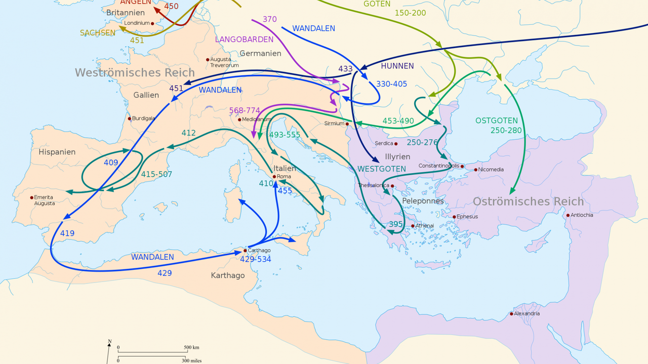 Schematische Darstellung der Völkerwanderung in Europa Schematische Darstellung der Völkerwanderung in Europa