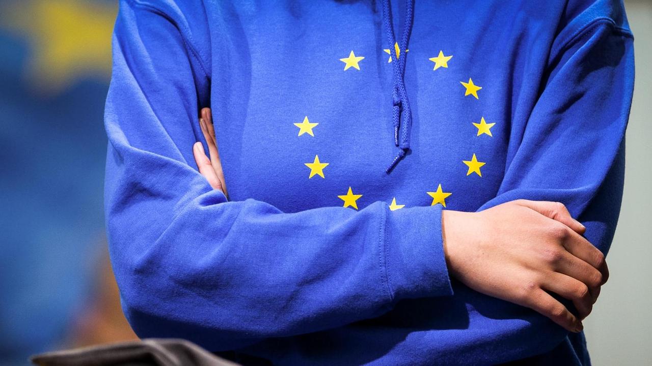 Im Anschnitt zu sehen ist ein blauer Europapullover mit gelben Sternen. Im Anschnitt zu sehen ist ein blauer Europapullover mit gelben Sternen.