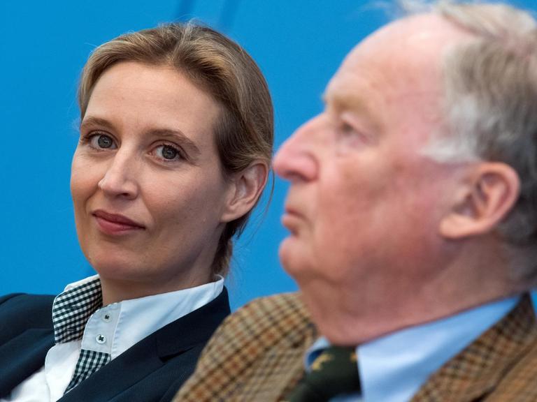 Bundestagswahl-Spitzenkandidaten der Partei Alternative für Deutschland (AfD) Alice Weidel (l), und Alexander Gauland, bei einer Pressekonferenz. Foto: Bernd von Jutrczenka/dpa | Verwendung weltweit