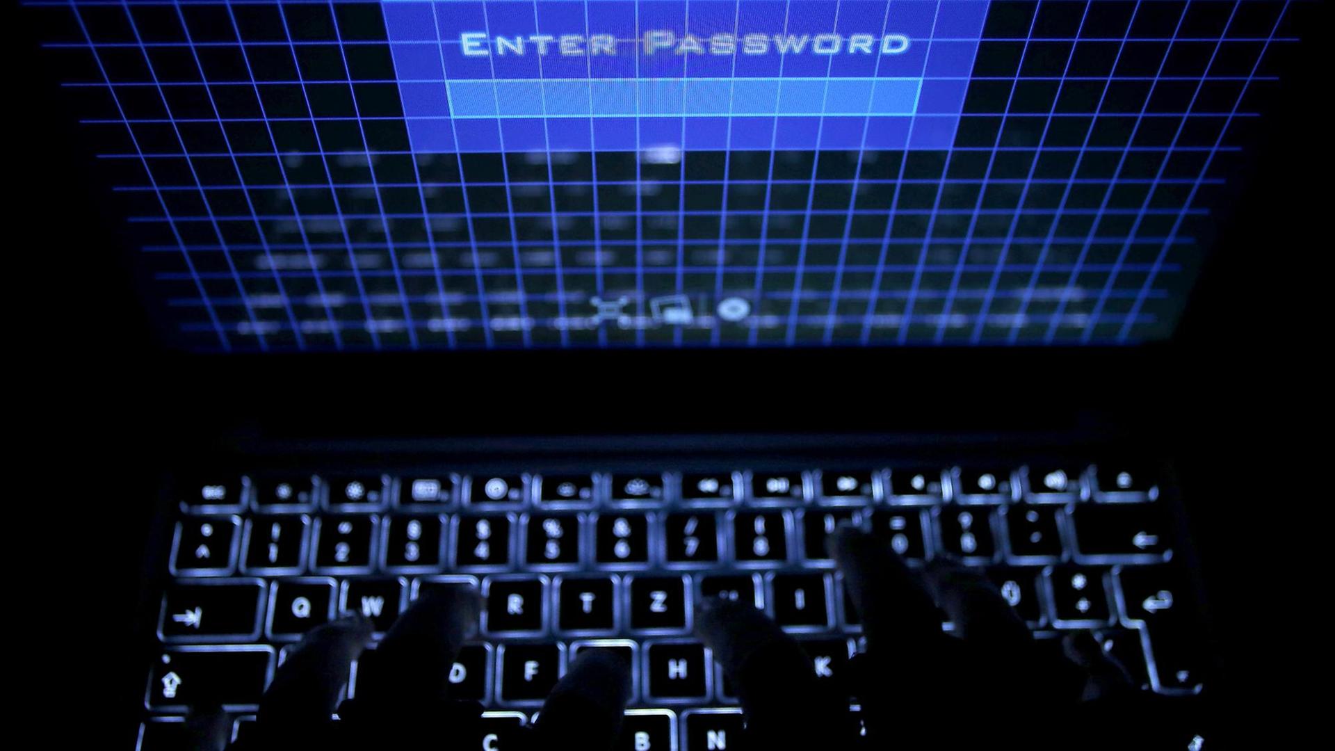 Ein Passwort wird auf einem Laptop über die Tastatur eingegeben. Auf dem Schirm sind die Worte "Enter Password" zu lesen. Ein Passwort wird auf einem Laptop über die Tastatur eingegeben. Auf dem Schirm sind die Worte "Enter Password" zu lesen.