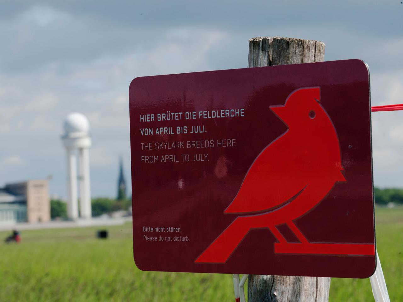 Das Schild "Hier brütet die Feldlerche von April bis Juli." steht am 13.05.2014 in Berlin auf dem Tempelhofer Feld. Das Schild "Hier brütet die Feldlerche von April bis Juli." steht am 13.05.2014 in Berlin auf dem Tempelhofer Feld.