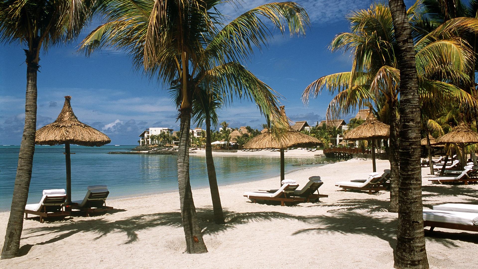 Palmen und Sonnenschirme am weißen Sandstrand auf Mauritius 