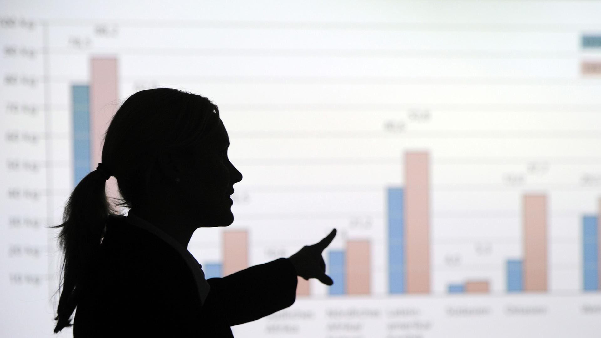 Eine Frau erklärt eine mittels Beamer an die Wand projizierte Statistik. Eine Frau erklärt eine mittels Beamer an die Wand projizierte Statistik.