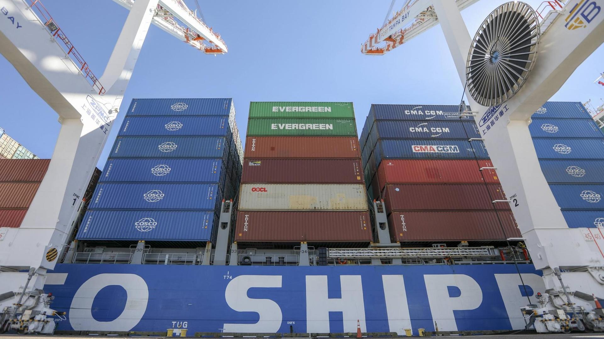Kran und Containerschiff im Hafen