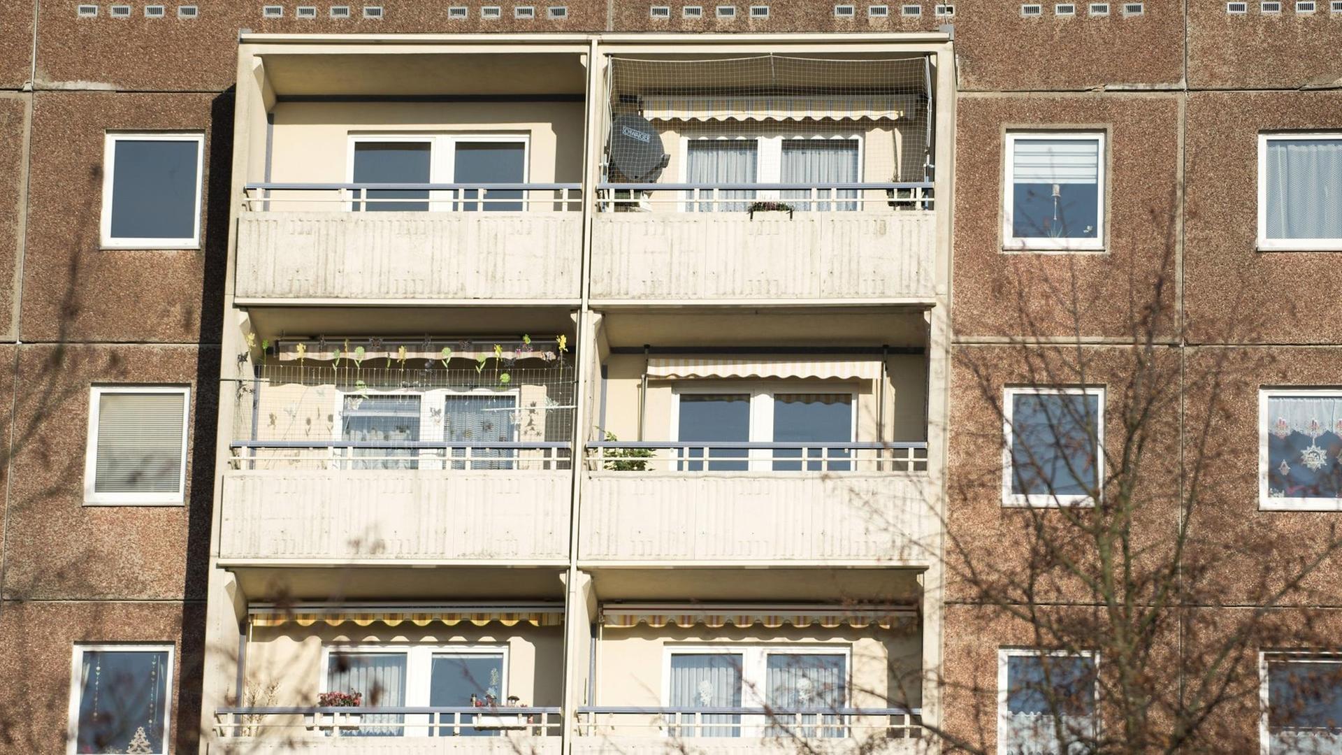 Blick auf eine Fassade einer Plattenbausiedlung Blick auf eine Fassade einer Plattenbausiedlung