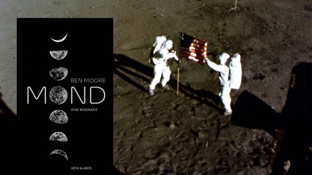 Montage: Buchcover von "Mond" und Astronauten Edwin Eugene - Buzz - Aldrin Jr. und Neil Alden Armstrong (beide USA) mit der amerikanischen Nationalflagge auf der Mondoberfläche während der Apollo 11-Mission.