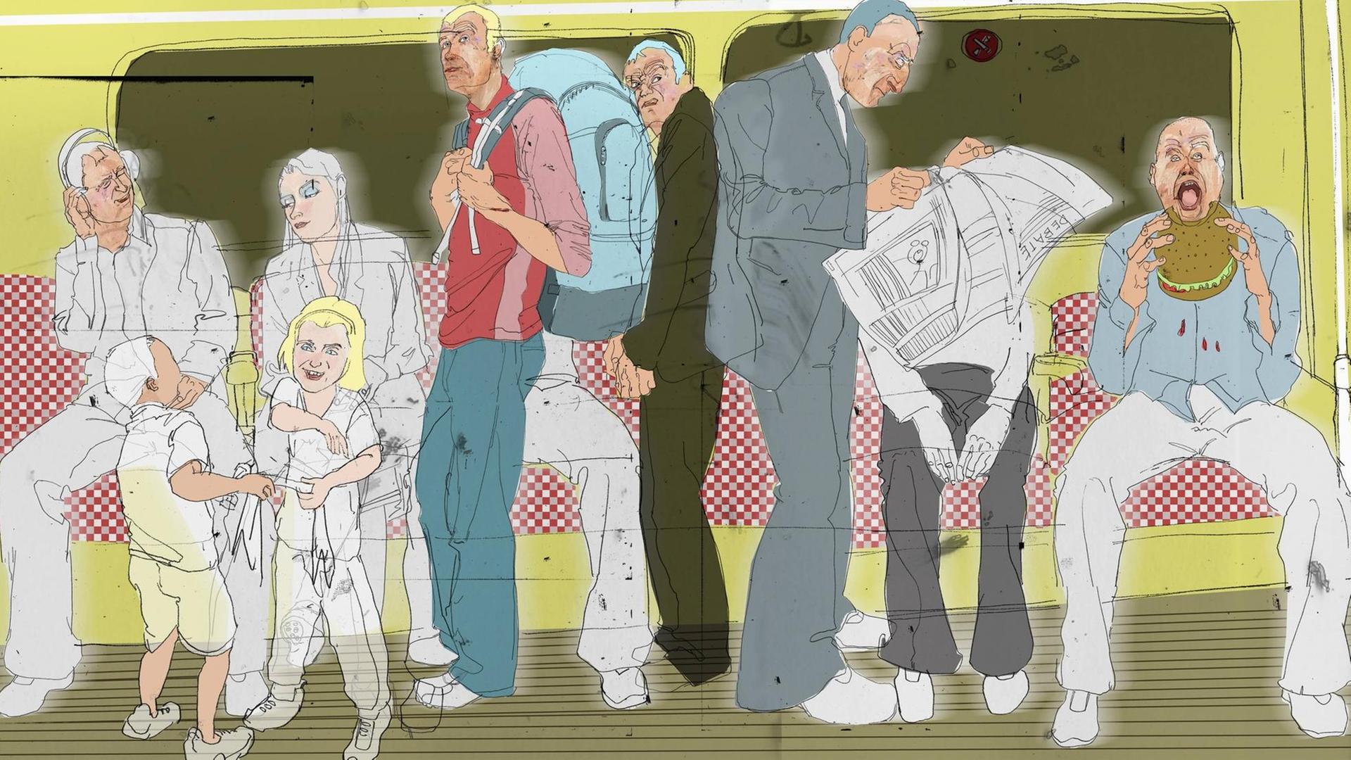 Illustration einer Szene aus der U-Bahn: Ein alter Mann hat keinen Sitzplatz und wird zwischen anderen Personen eingequetscht. Illustration einer Szene aus der U-Bahn: Ein alter Mann hat keinen Sitzplatz und wird zwischen anderen Personen eingequetscht.