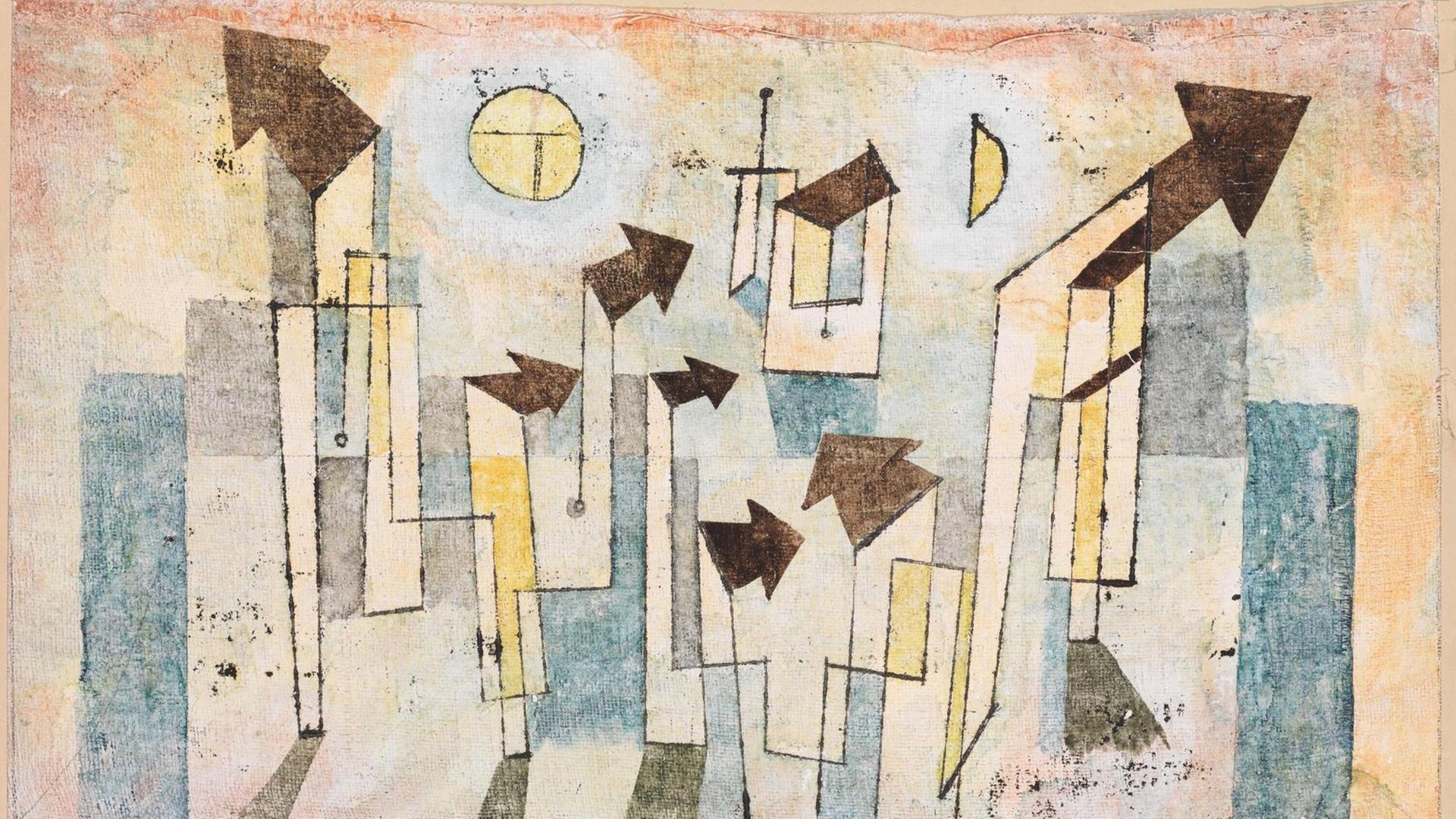 Ein Gemälde von Paul Klee ziegt viele durch die Fläche surrende Pfeile, sie schlagen alle eine unterschiedliche Richtung ein. Ein Gemälde von Paul Klee ziegt viele durch die Fläche surrende Pfeile, sie schlagen alle eine unterschiedliche Richtung ein.