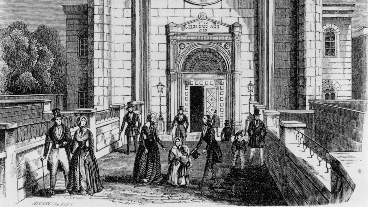 Holzstich der Hamburger Synagoge aus dem Jahr 1845. Holzstich der Hamburger Synagoge aus dem Jahr 1845.