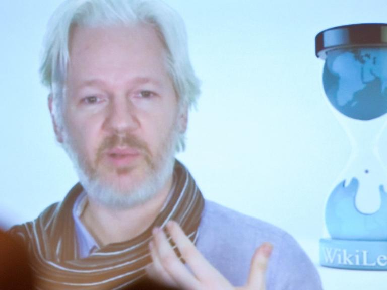 Teilnehmer des 30. Chaos Communication Congress (30C3) des Chaos Computer Clubs (CCC) verfolgen am 29.12.2013 in Hamburg im Congress Center (CCH) auf einer Videoleinwand einen Vortrag von Wikileaks mit Julian Assange.