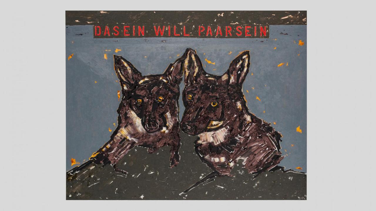 Das Gemälde "Dasein will Paarsein"zeigt zwei Schäferhunde gemalt mit Öl auf Leinwand (2019). Das Gemälde "Dasein will Paarsein"zeigt zwei Schäferhunde gemalt mit Öl auf Leinwand (2019).