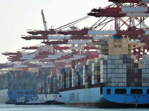 Schiffe mit Containern im Hafen von Qingdao in China