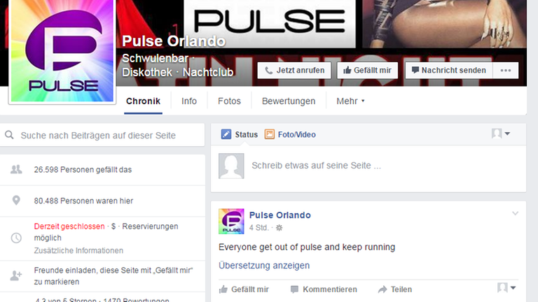 Screenshot der Facebookseite des Clubs "Pulse" in Orlando (12.06.2016 12:16) Screenshot der Facebookseite des Clubs "Pulse" in Orlando (12.06.2016 12:16)