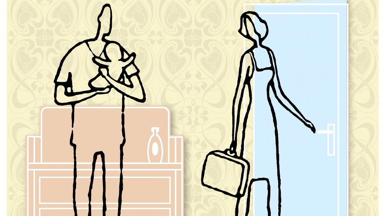 Eine Illustration: Ein Mann hält ein Baby auf dem Arm während die Frau mit einem Aktenkoffer in der Hand aus der Haustür geht. Eine Illustration: Ein Mann hält ein Baby auf dem Arm während die Frau mit einem Aktenkoffer in der Hand aus der Haustür geht.