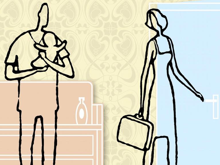 Eine Illustration: Ein Mann hält ein Baby auf dem Arm während die Frau mit einem Aktenkoffer in der Hand aus der Haustür geht.