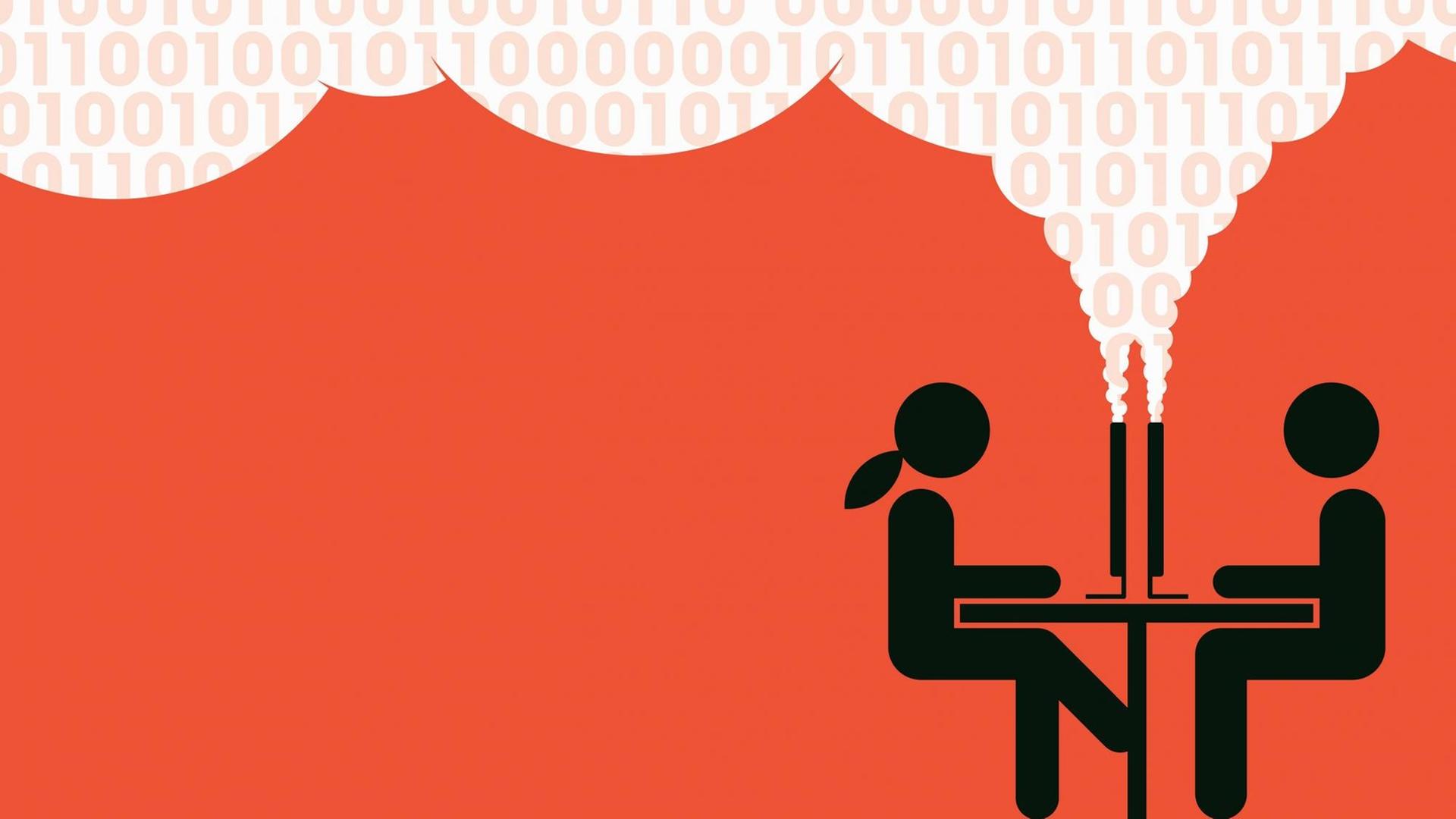 Zwei Personen sitzen an zwei Computern und sind über die Daten die sie produzieren in der Cloud verbunden. Zwei Personen sitzen an zwei Computern und sind über die Daten die sie produzieren in der Cloud verbunden.