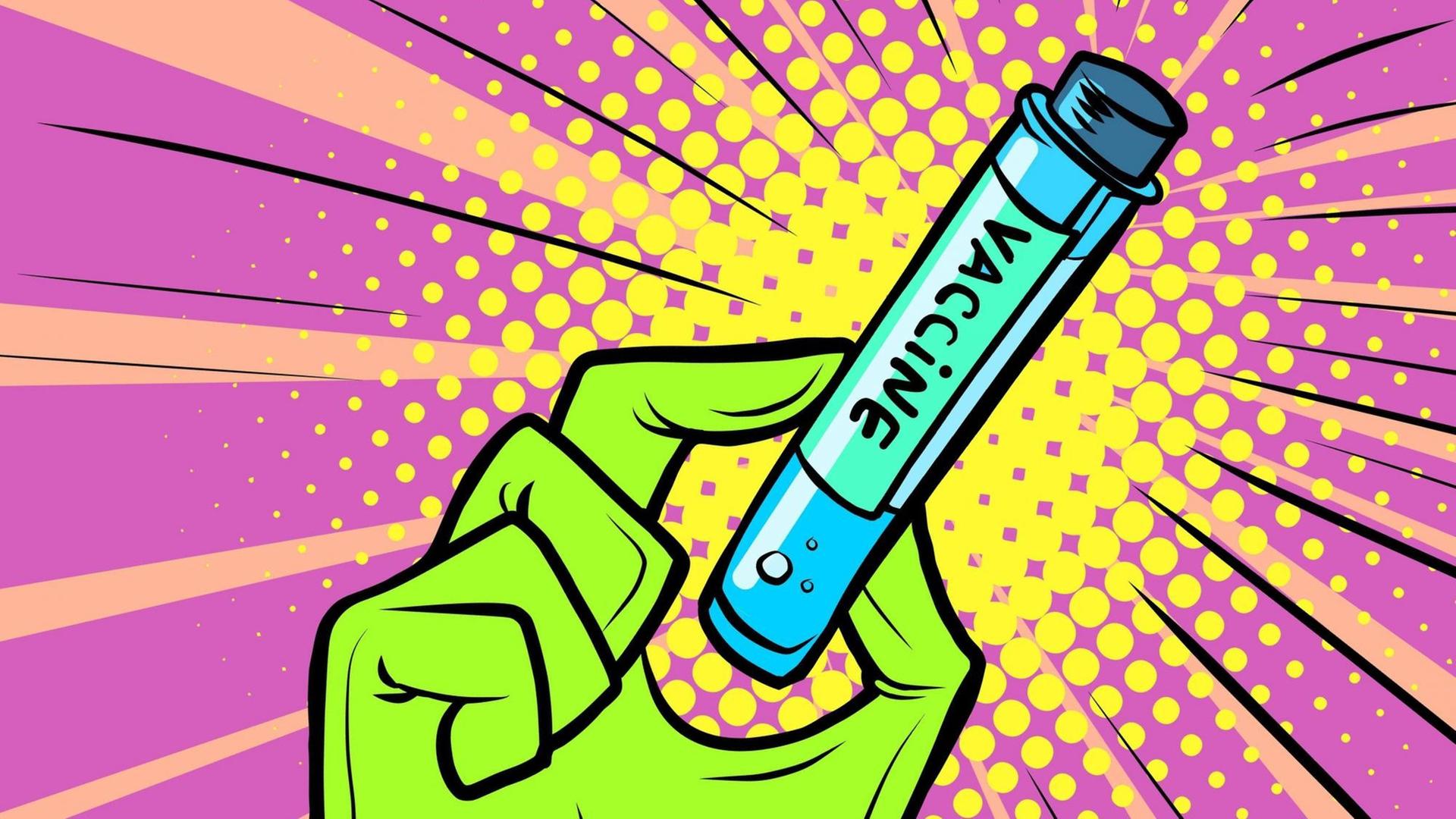 Eine knallbunte Illustration zeigt eine Hand, die eine Dosis Vaccine in die Höhe hält. Eine knallbunte Illustration zeigt eine Hand, die eine Dosis Vaccine in die Höhe hält.