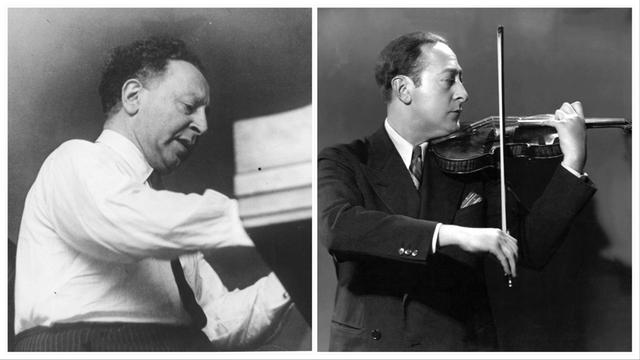 Zwei Schwarz-weiß Fotos nebeneinander, links Artur Rubinstein mit weißem Oberhemd und dunklem Schlips am Klavier, links Jascha Heifetz Geige spielend mit blick auf das Griffbrett, er trägt einen dunklen Anzug, ein weißes Hemd und einen dunklen Schlips.