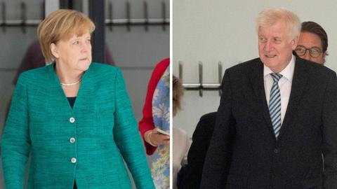 Die Fotokombination zeigt Merkel (l.) und Seehofer (r.) beim Verlassen ihrer getrennt tagenden Fraktionssitzungen von CDU und CSU im Bundestag.