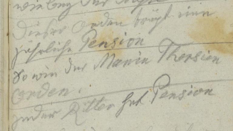 Mit Bleistift beschriebene Seite mit unterschiedlichen Eintragungen der Gäste Beethovens.