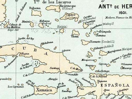 Alte Karte der Bahamas, von 1601 aus dem Buch "Das Leben des Christopher Columbus" von Clements R. Markham