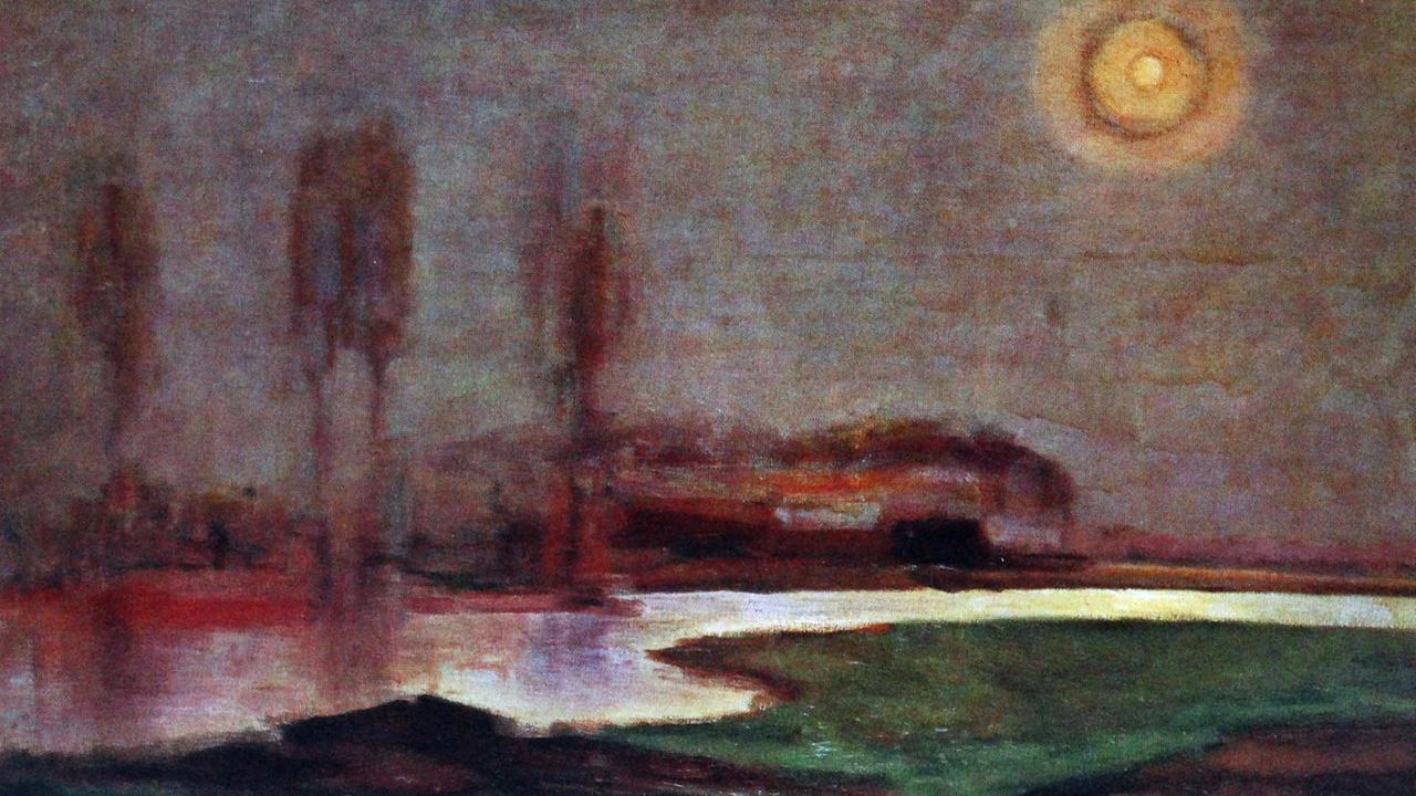 Ein Gemälde von Piet Mondrian zeigt drei Bäume an einem See bei Vollmond in einer sommerlichen Nacht Ein Gemälde von Piet Mondrian zeigt drei Bäume an einem See bei Vollmond in einer sommerlichen Nacht