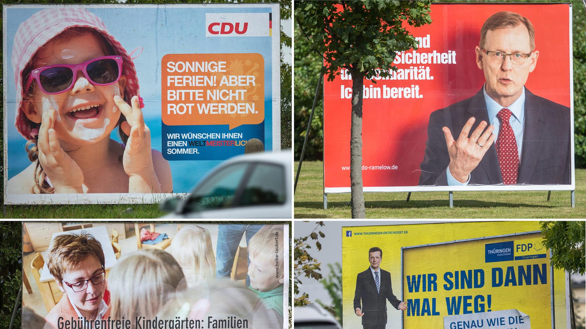 Die Bildkombo vom 20.08.2014 zeigt Großplakate der Parteien (von links oben im Uhrzeigersinn) CDU, Linke, FDP und SPD, die in Thüringen das Bild an den Straßen bestimmen. Die Bildkombo vom 20.08.2014 zeigt Großplakate der Parteien (von links oben im Uhrzeigersinn) CDU, Linke, FDP und SPD, die in Thüringen das Bild an den Straßen bestimmen.