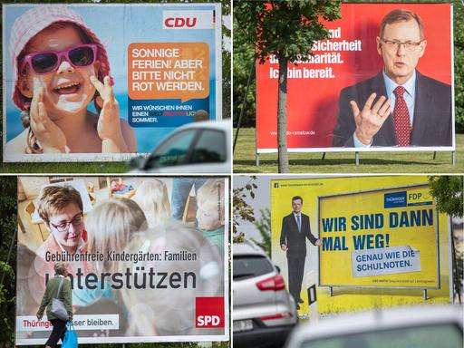 Die Bildkombo vom 20.08.2014 zeigt Großplakate der Parteien (von links oben im Uhrzeigersinn) CDU, Linke, FDP und SPD, die in Thüringen das Bild an den Straßen bestimmen.