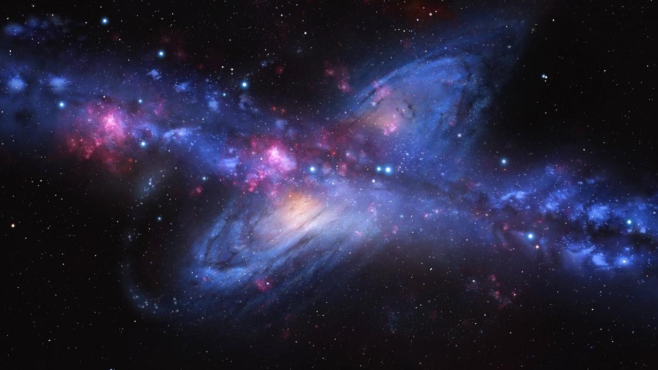 Eine künstlerische Darstellung von Milchstraße und Andromeda. Eine künstlerische Darstellung von Milchstraße und Andromeda.