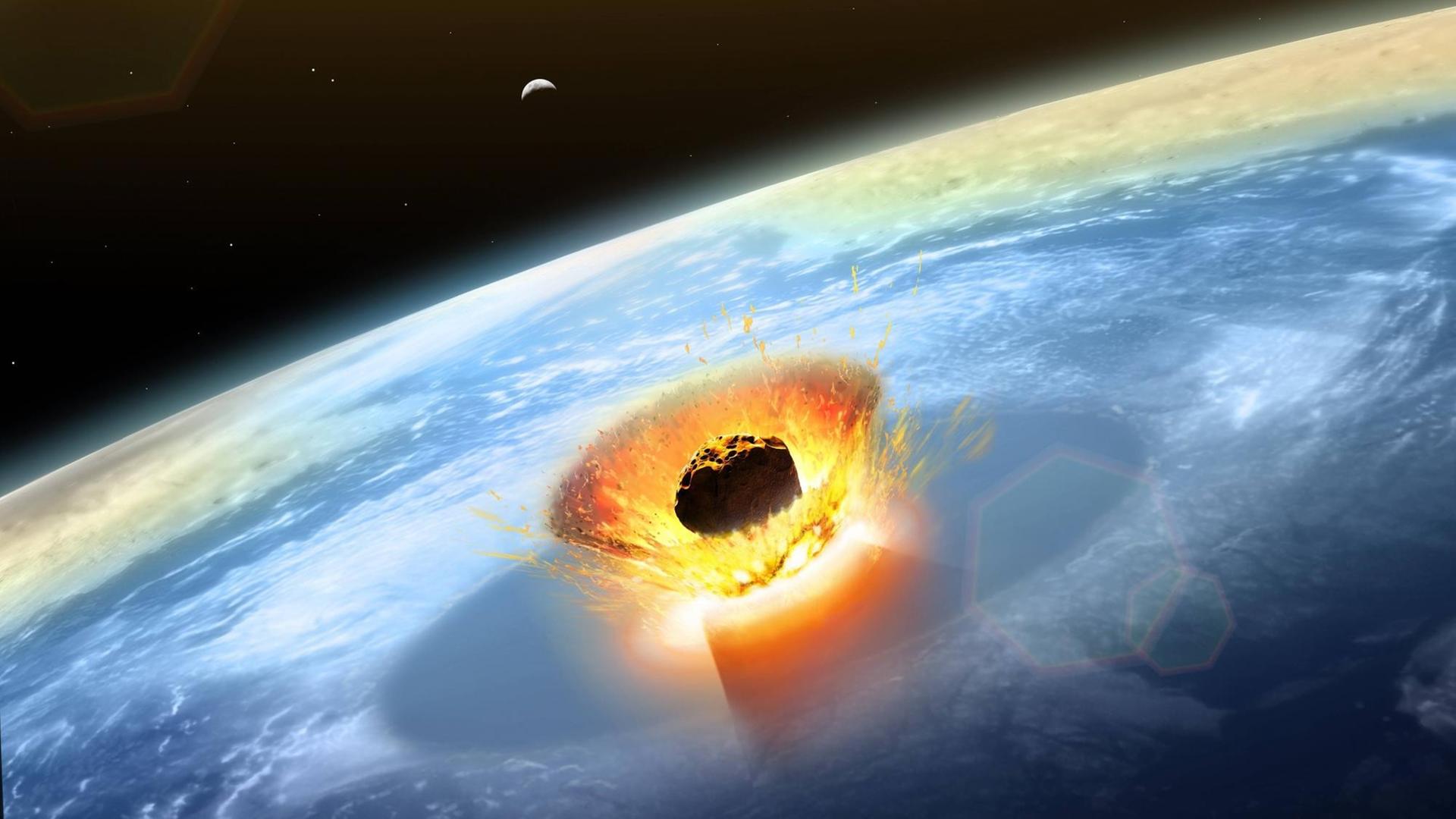 Illustration: Blick aus dem Weltall auf den Einschlag des Chicxulub-Asteroiden Illustration: Blick aus dem Weltall auf den Einschlag des Chicxulub-Asteroiden