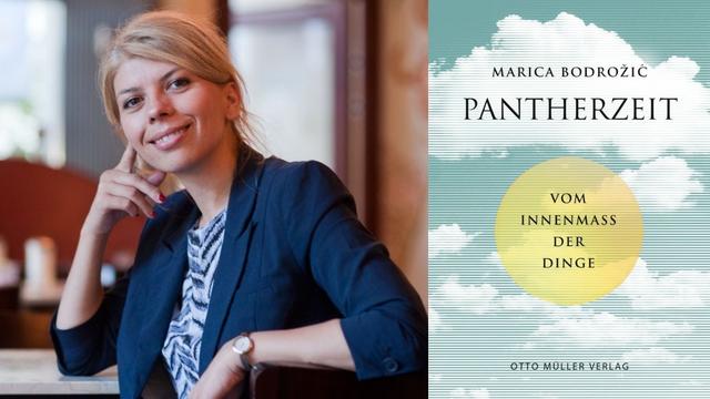 Marica Bodrožić: "Pantherzeit. Vom Innenmaß der Dinge" Zu sehen sind die Autorin und das Buchcover, auf dem Wolken abgebildet sind.
