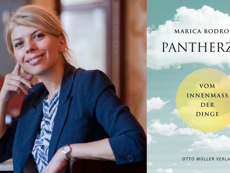 Marica Bodrožić: "Pantherzeit. Vom Innenmaß der Dinge" Zu sehen sind die Autorin und das Buchcover, auf dem Wolken abgebildet sind.