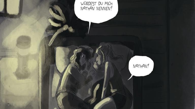 Comicbild: Zwei Mädchen liegen nebeneinander auf dem Bett. Das eine fragt: "Würdest du micht Nathan nennen?" Comicbild: Zwei Mädchen liegen nebeneinander auf dem Bett. Das eine fragt: "Würdest du micht Nathan nennen?"