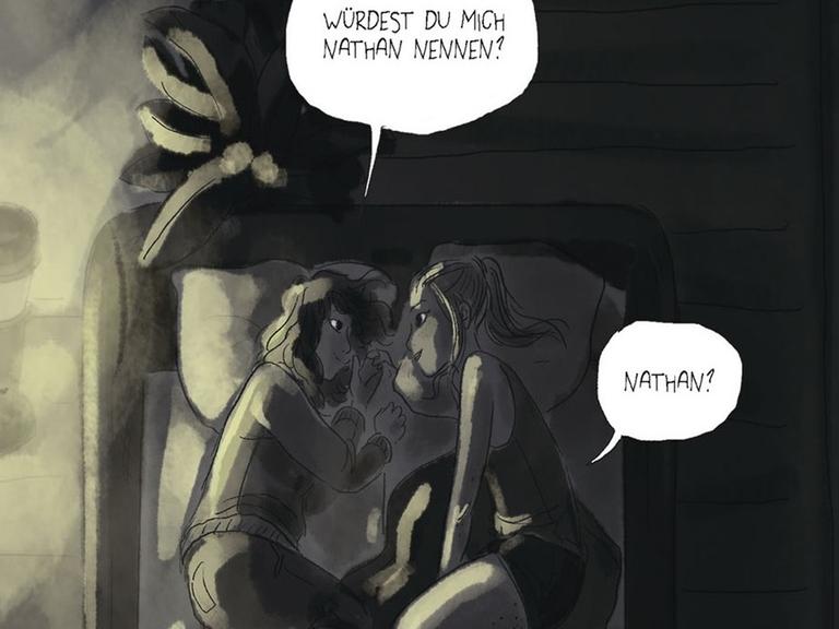 Comicbild: Zwei Mädchen liegen nebeneinander auf dem Bett. Das eine fragt: "Würdest du micht Nathan nennen?"